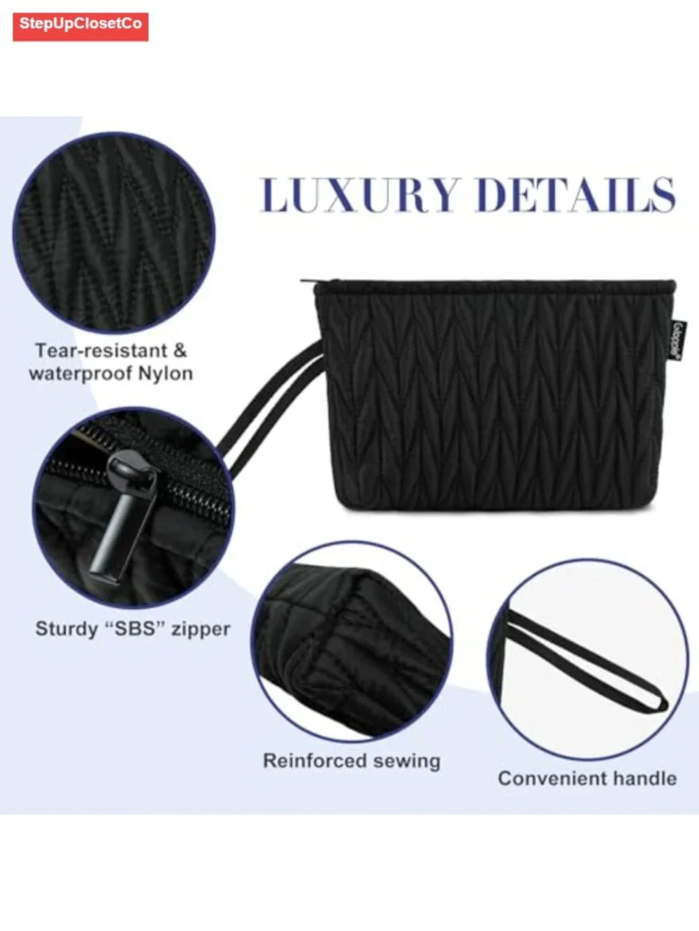 Puffy Waterproof Nylon Makeup Bag with Wristlet Handle, Cosmetic Pouch